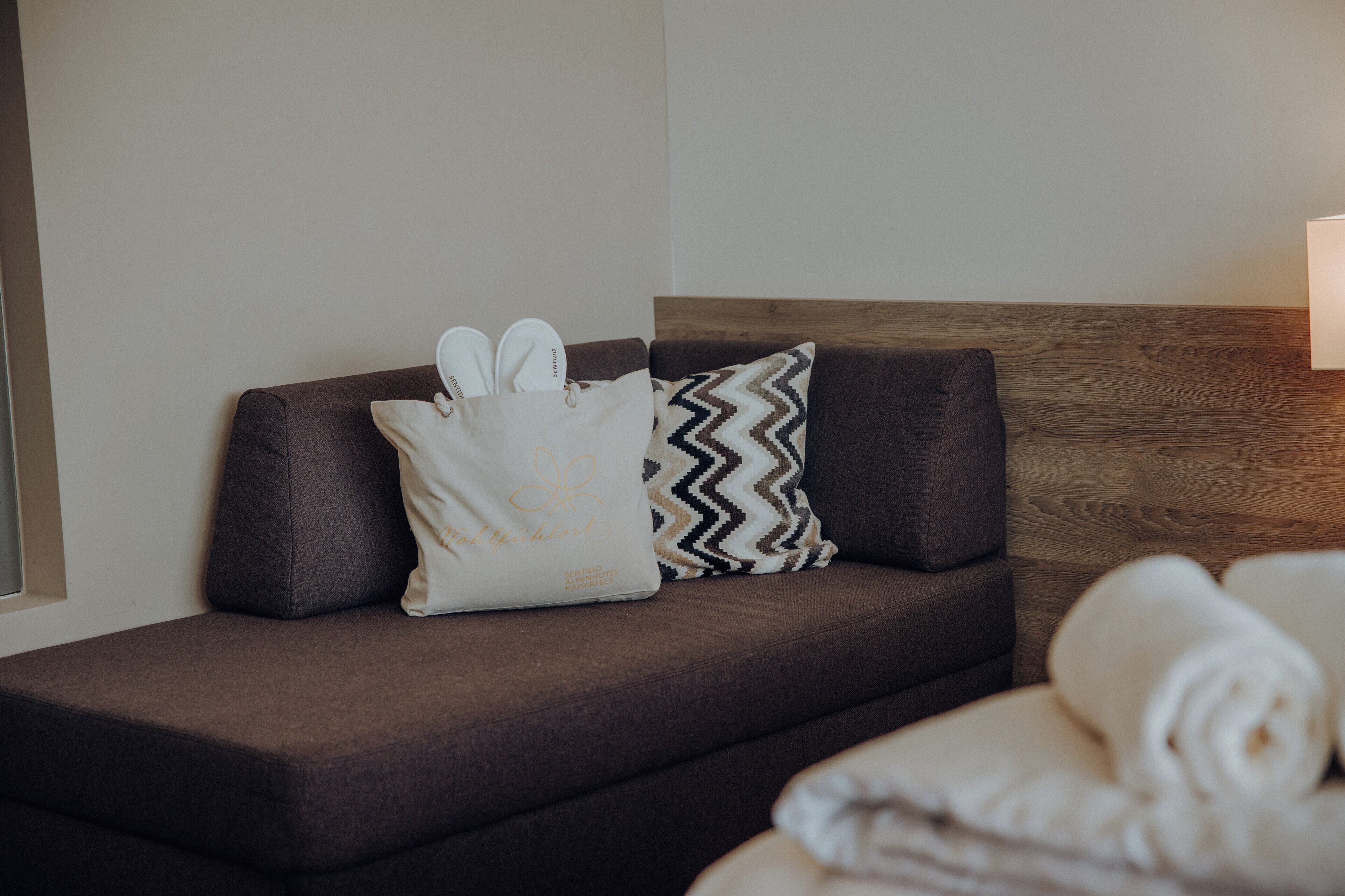 A dark brown sofa with a white pillow and a zigzag patterned pillow. A white tote bag is placed on the sofa.