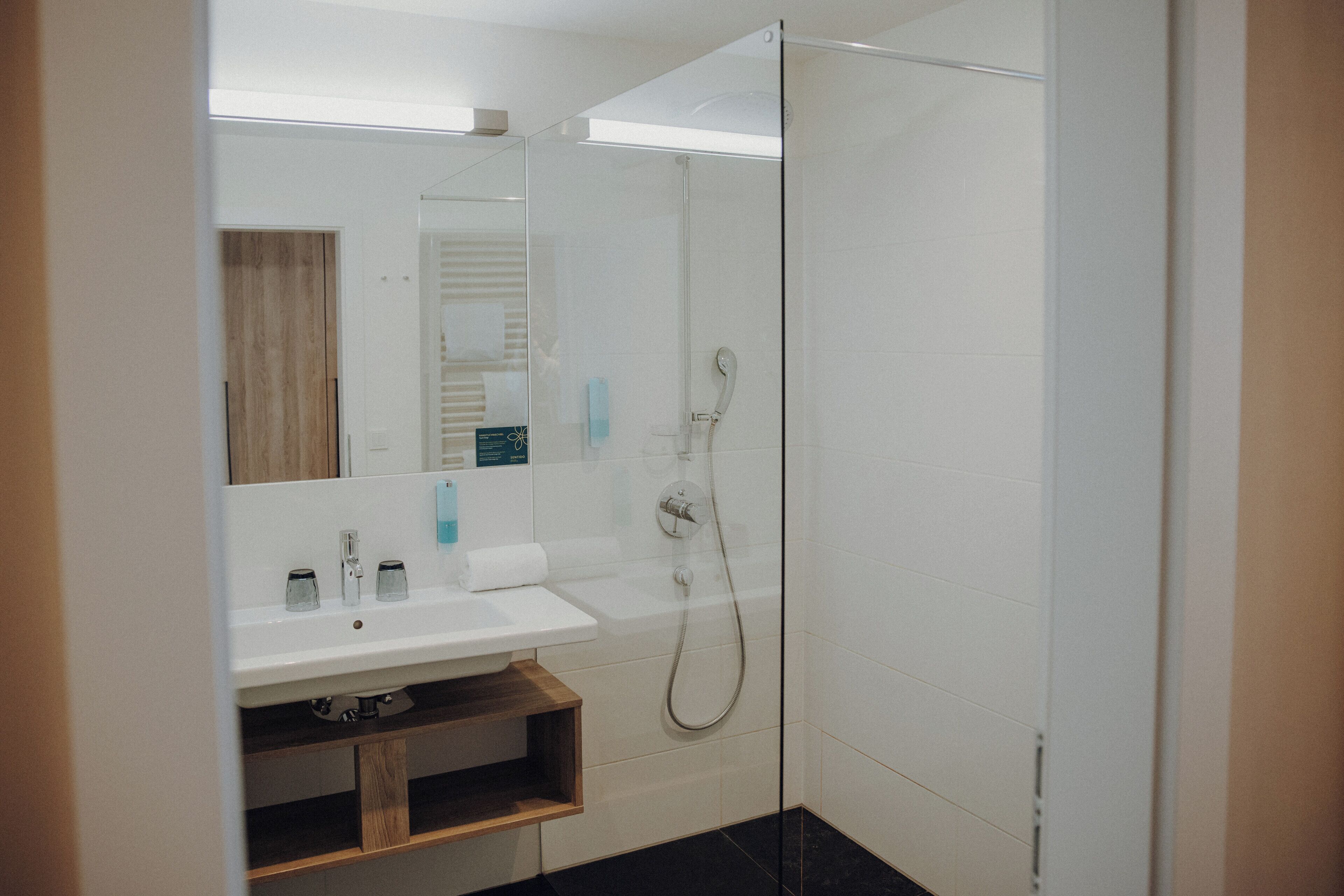 A modern bathroom with a glass shower enclosure, a white sink, and a mirror above it.