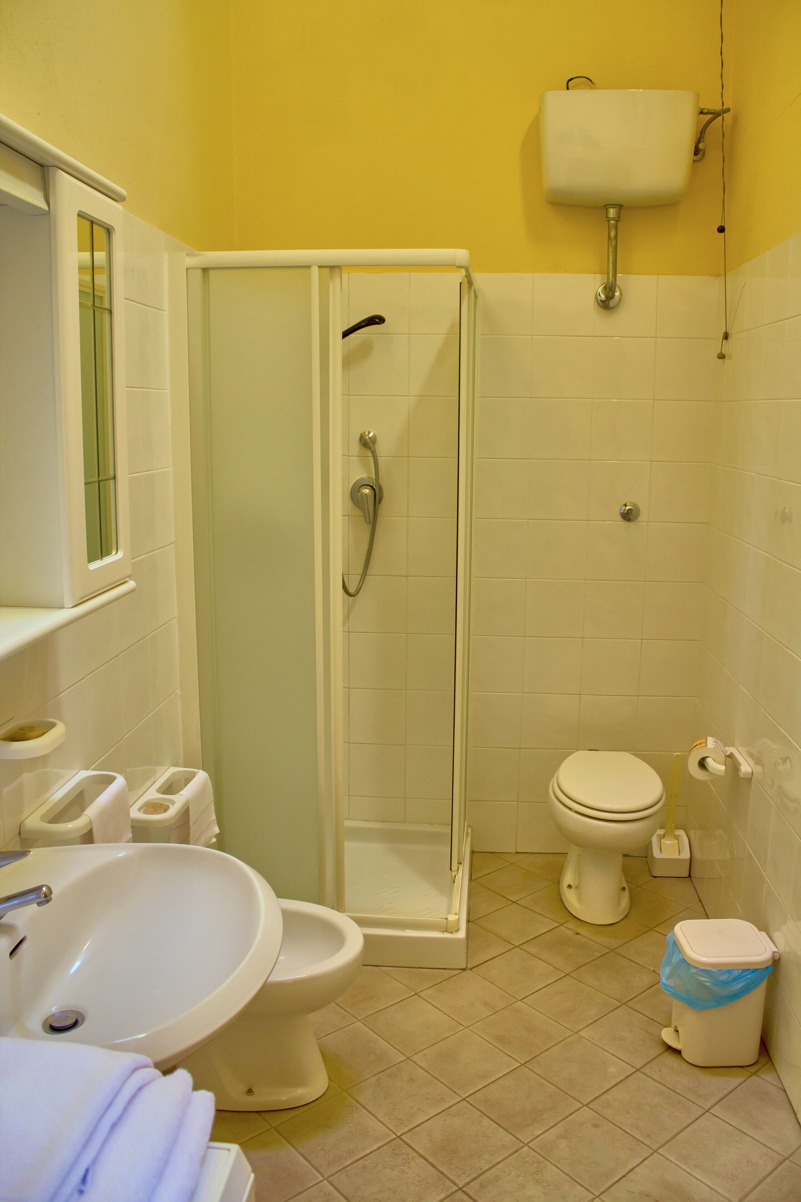 A bathroom with a shower, toilet, sink, and a mirror.