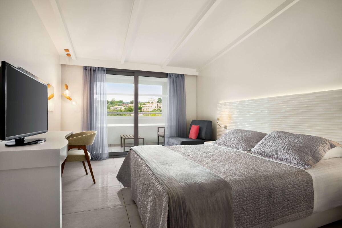Habitación de hotel moderna con una cama grande, un televisor de pantalla plana, un escritorio y vistas al exterior.