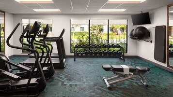 A gym with treadmills, dumbbells, and exercise equipment.