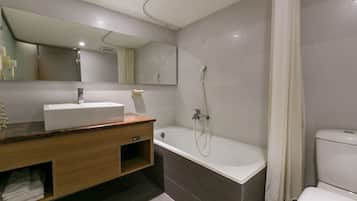 Hair dryer, slippers, towels