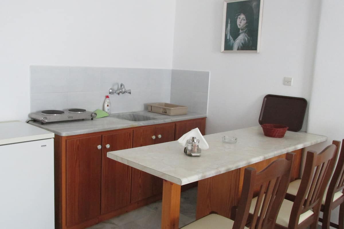 A compact kitchen with a refrigerator, double sink, and wooden cabinets.