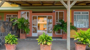 Um edifício com parede de pedra, plantas em vasos e pérgola de madeira.