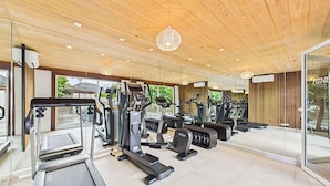 A modern gym with various cardio machines, large windows, and a wooden ceiling. - Amnios St Barth (St. Barthelemy)