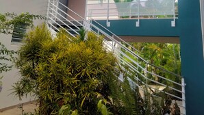 Un edificio moderno con una escalera que conduce a un balcón, rodeado de abundante vegetación.