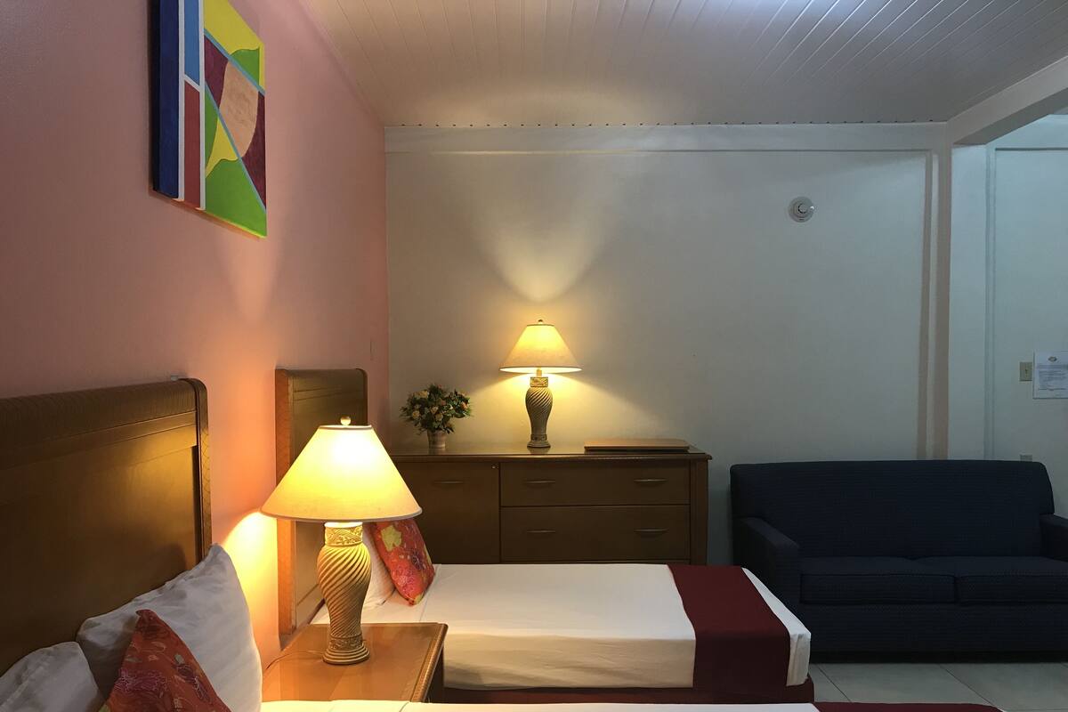 Une chambre d’hôtel avec deux lits, une table de chevet avec une lampe, une commode, un canapé et un tableau au mur.