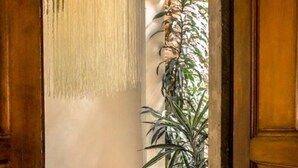 Una puerta de madera abierta a un cuarto con un sofá oscuro, una mesita redonda y dos macetas.