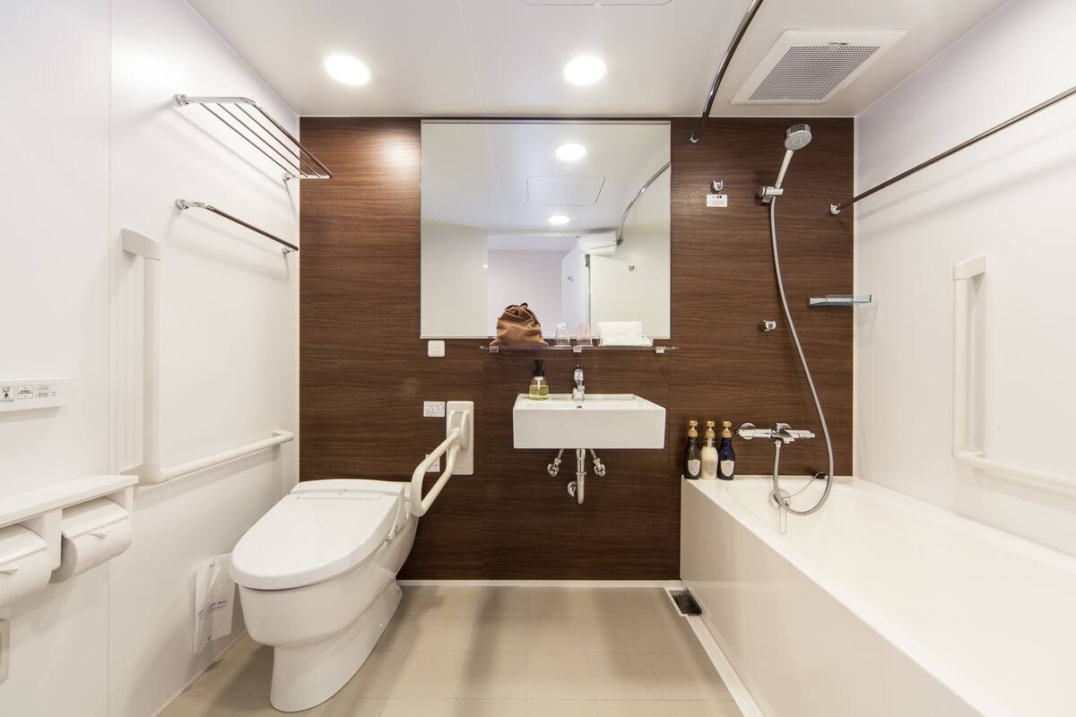 combined shower/bathtub, free toiletries, hair dryer, slippers