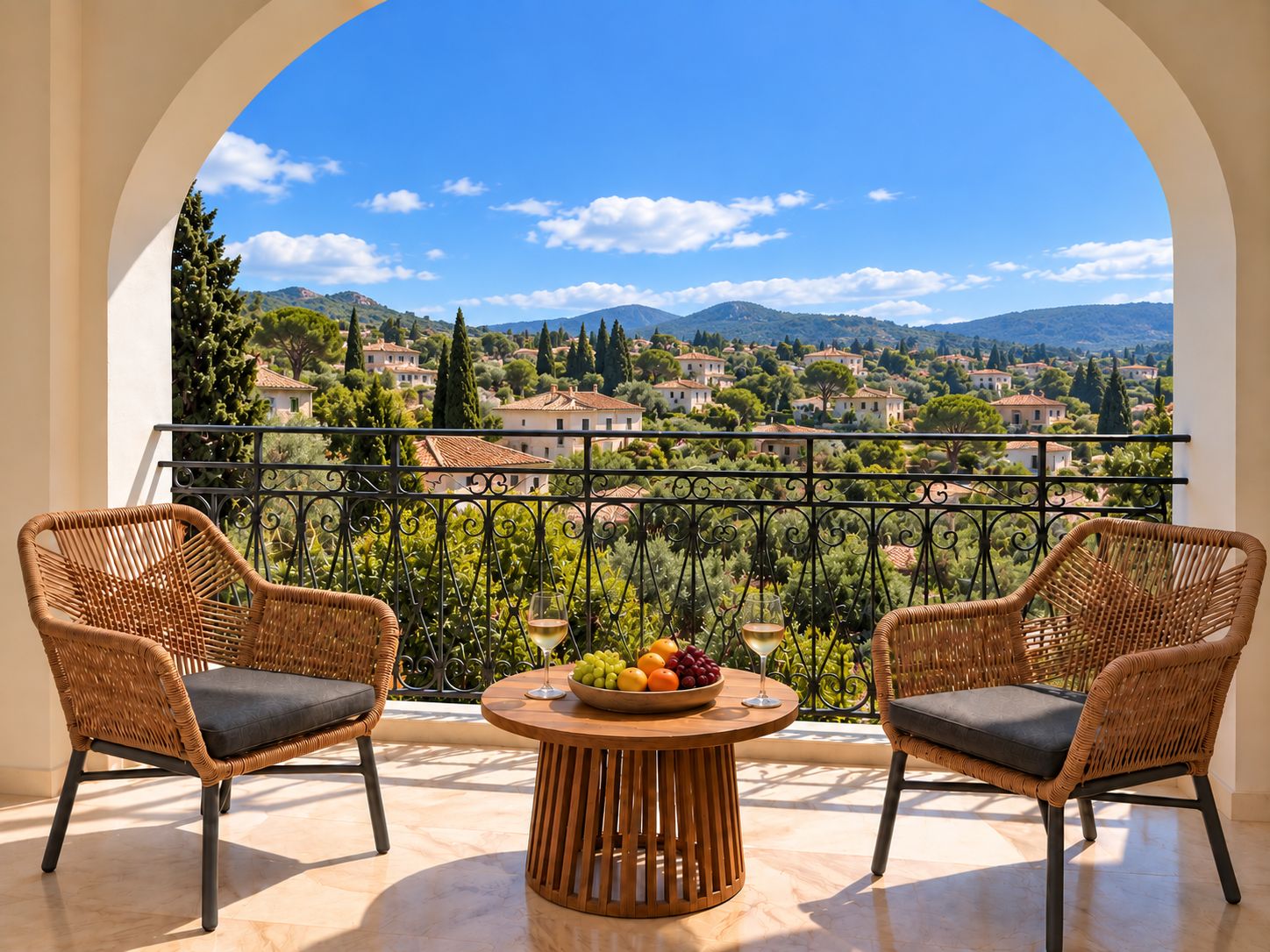 A balcony with wicker chairs and a table with fruit and a glass of wine, overlooking a scenic village.