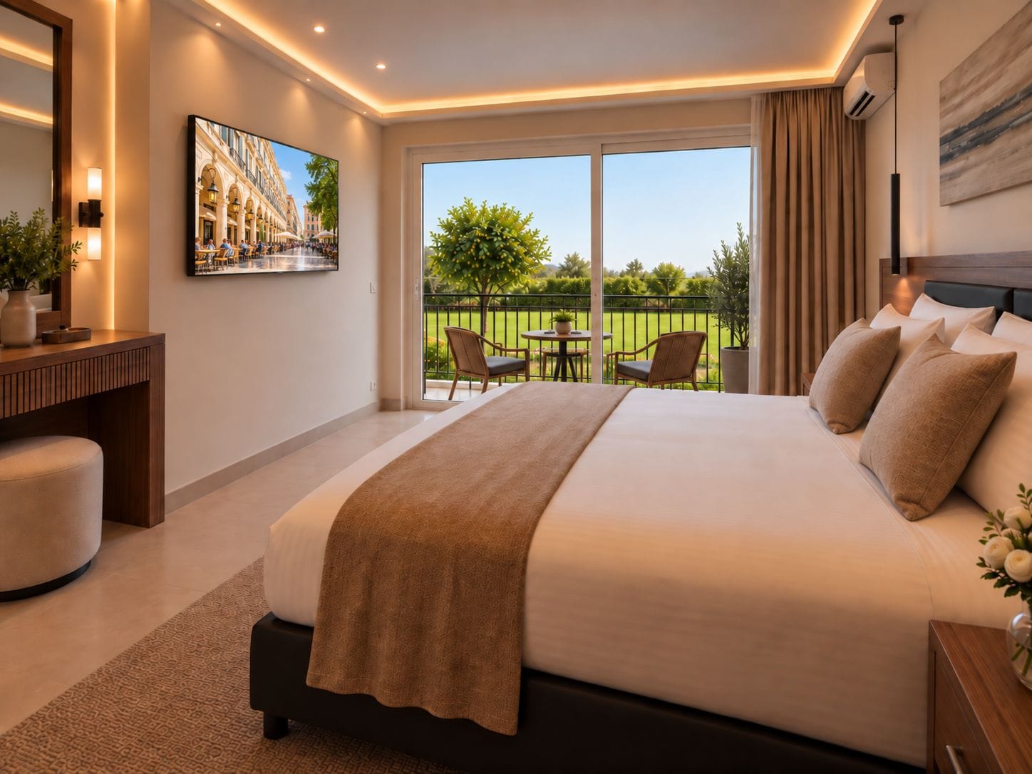 Habitación de hotel con una cama grande, un escritorio, una silla, un balcón con vistas a zonas verdes y un cuadro en la pared.
