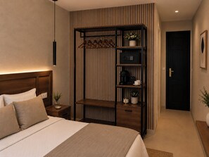 A hotel room with a bed, a bedside table with a lamp, a wardrobe with shelves, a door, and a wall-mounted picture. - Hotel Yannis Corfu (Corfu)