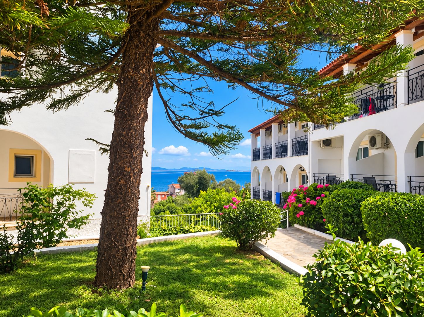 A coastal hotel with a view of the sea, featuring balconies, a garden, and a white building facade.