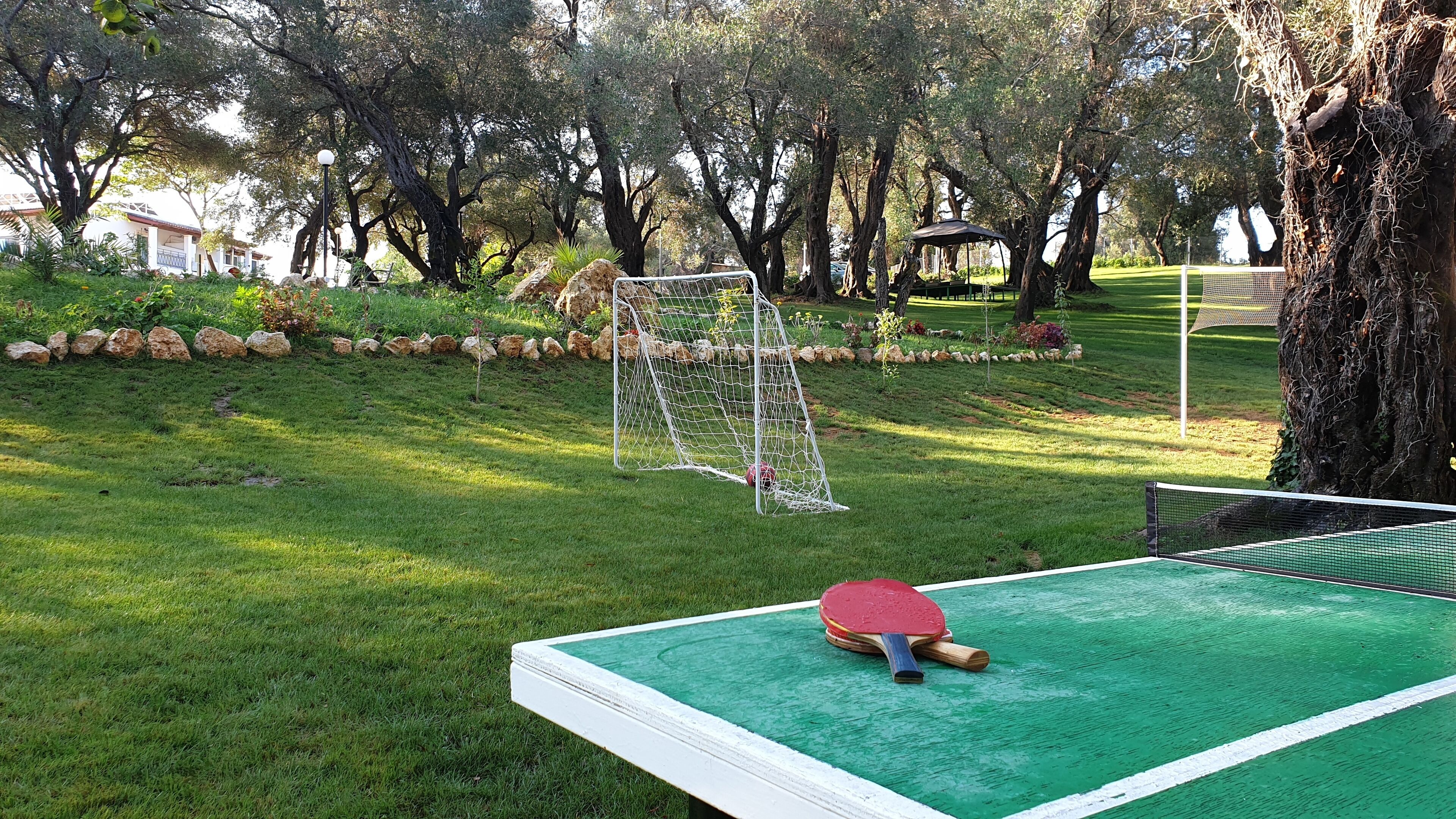 Un terrain de tennis vert avec un filet, une raquette de badminton et un volant sur le terrain.