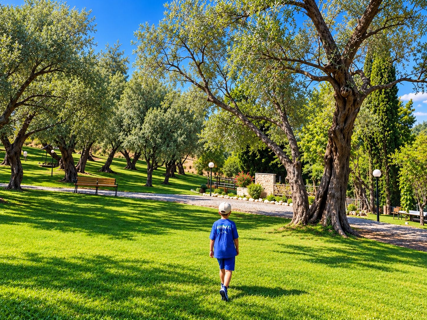 Un parco con sentieri, panchine e alberi.