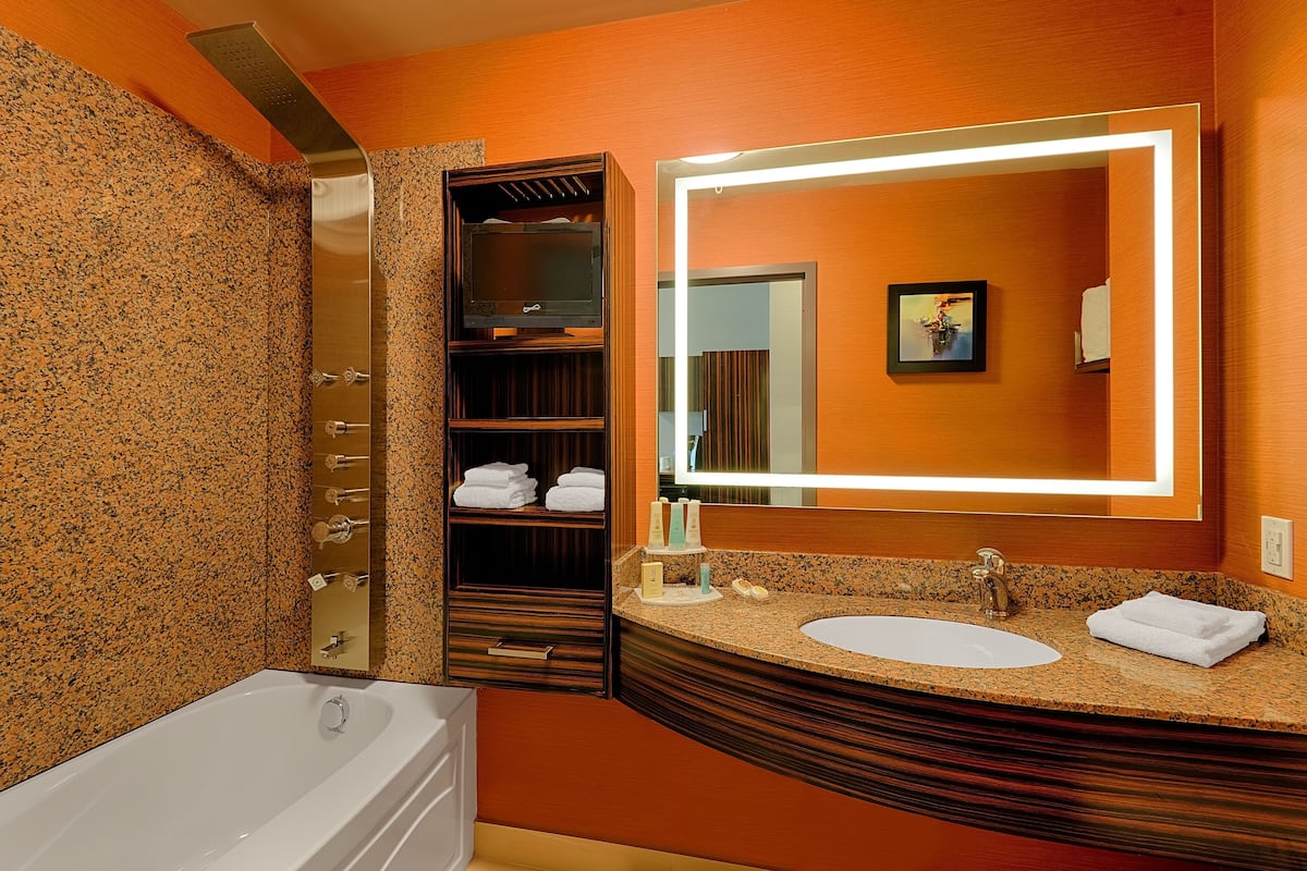 combined shower/bathtub, deep-soaking bathtub, rainfall showerhead