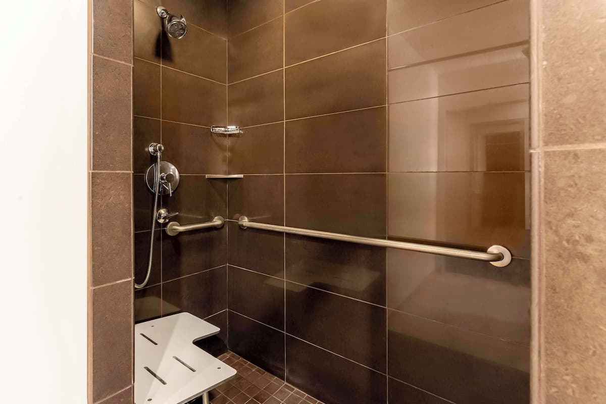 A shower area with a grab bar, a handheld showerhead, and a wall-mounted faucet.