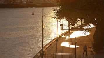 A riverside walkway with a wooden deck, metal railings, and street lamps.