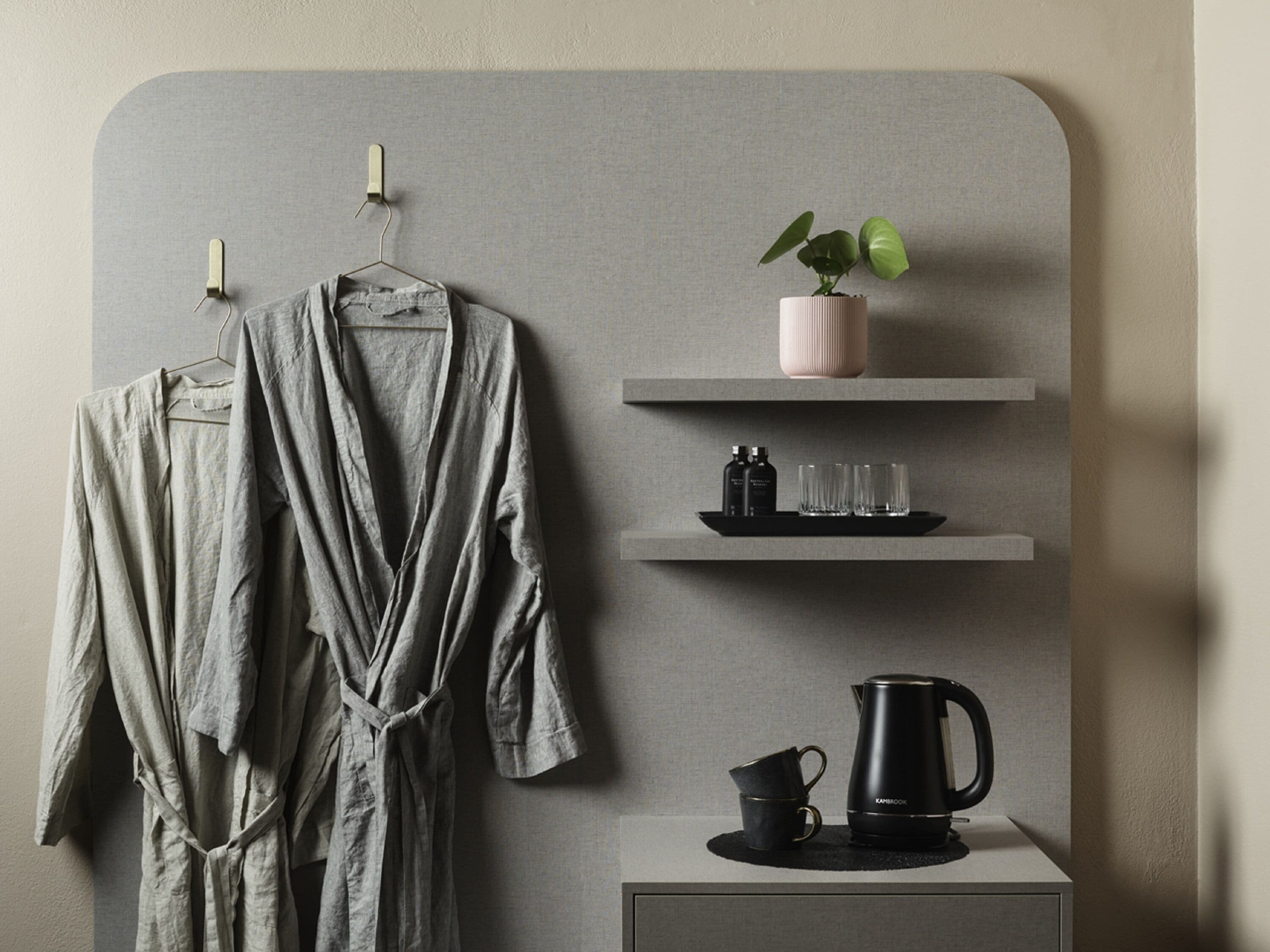 A minimalist room with a grey wardrobe, a hanging robe, a potted plant, a tray with bottles and glasses, and a coffee maker.