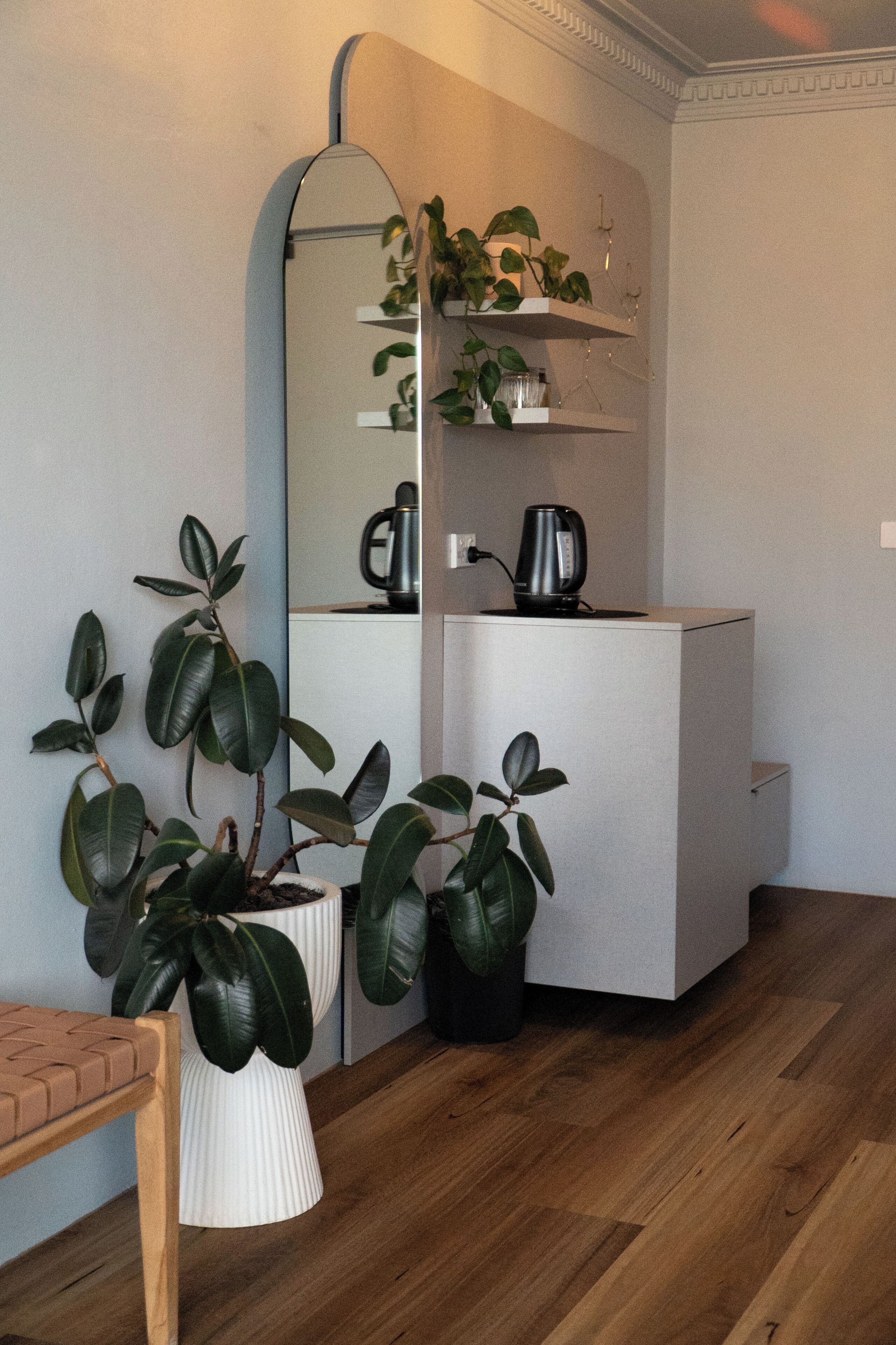 Una habitación con piso de madera, un armario blanco, un espejo y dos plantas en macetas.