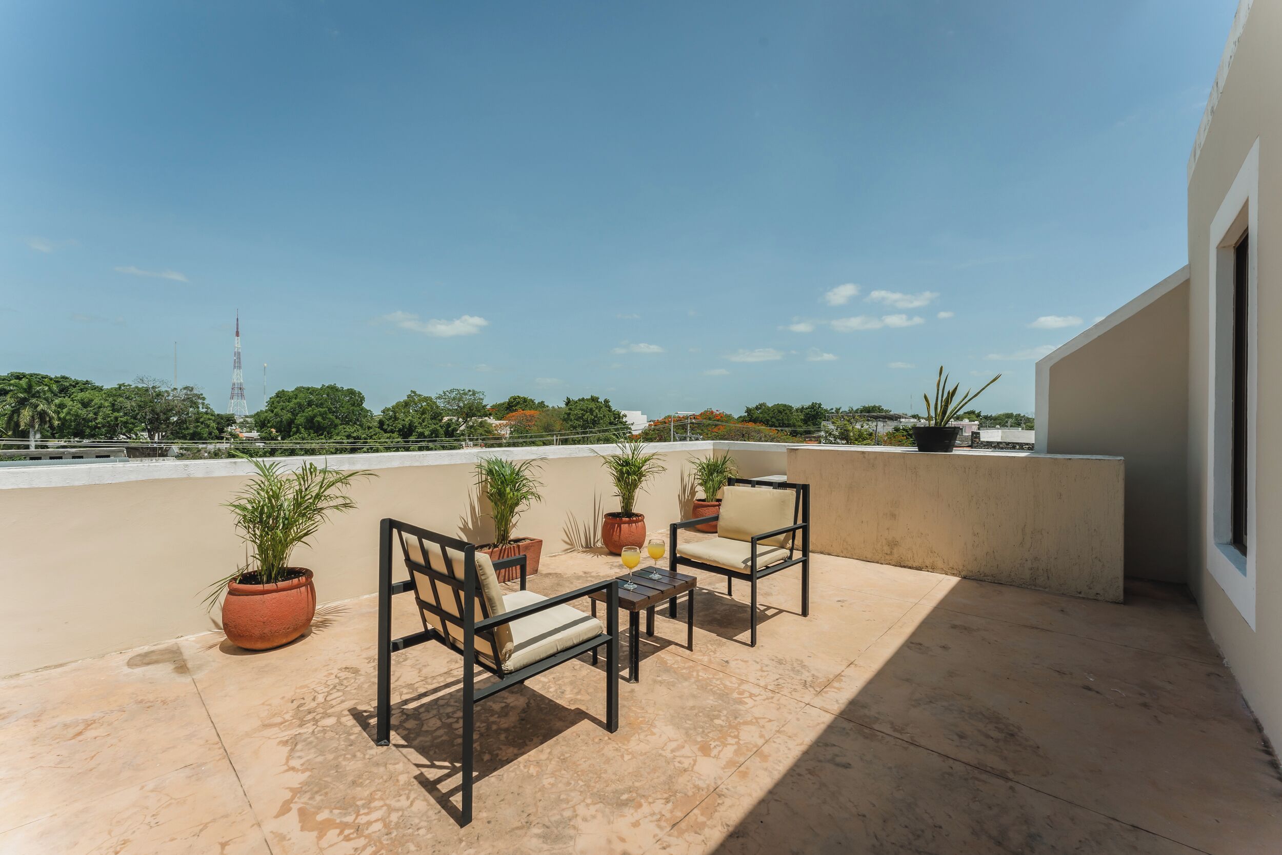 A rooftop terrace with outdoor furniture, potted plants, and a clear view of a distant tower.