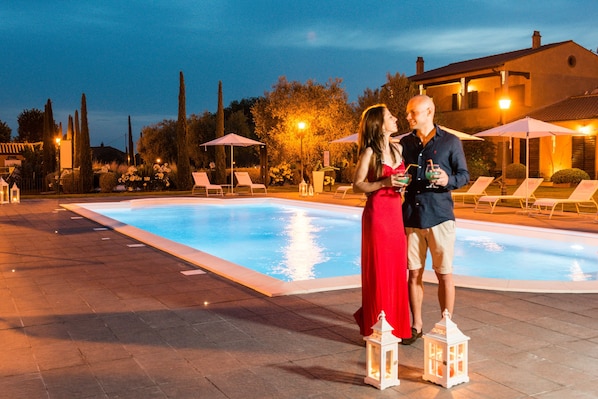 Seasonal outdoor pool, pool umbrellas, pool loungers