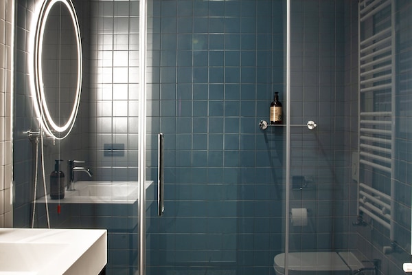 Shower, rainfall showerhead, free toiletries, hair dryer