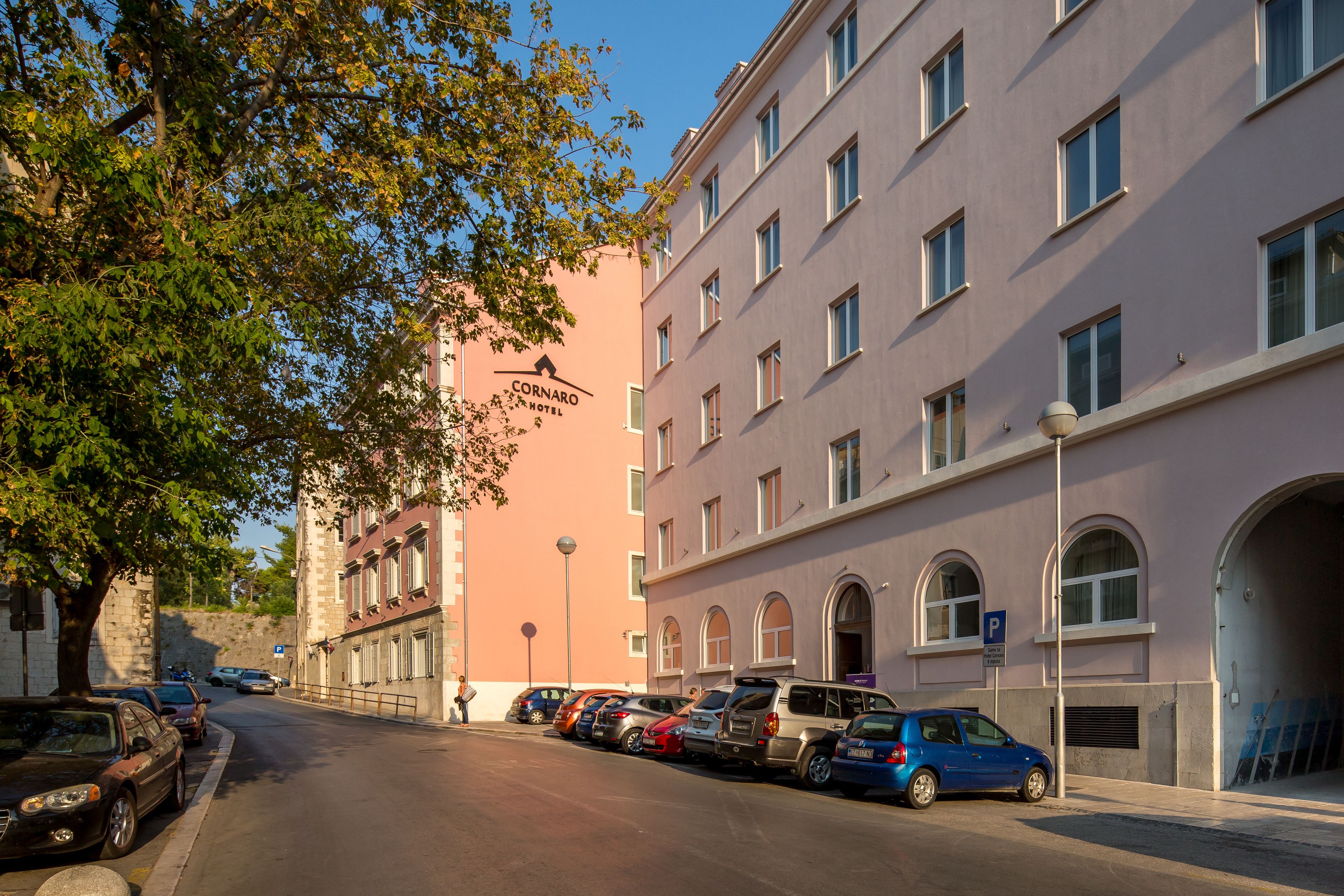 A hotel with a row of parked cars, a clear sky, and a tree in the foreground.