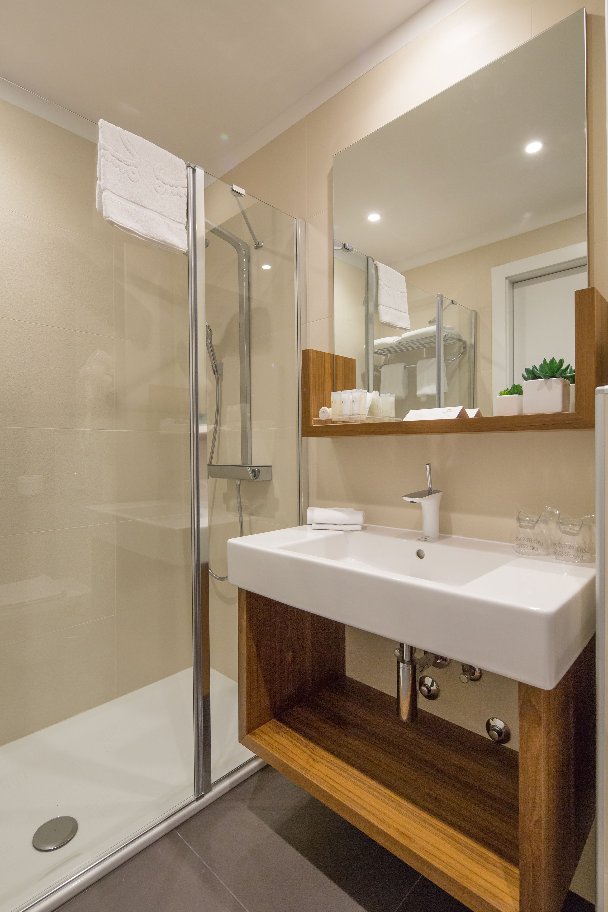 A modern bathroom with a glass-enclosed shower, a white sink, and a large mirror.