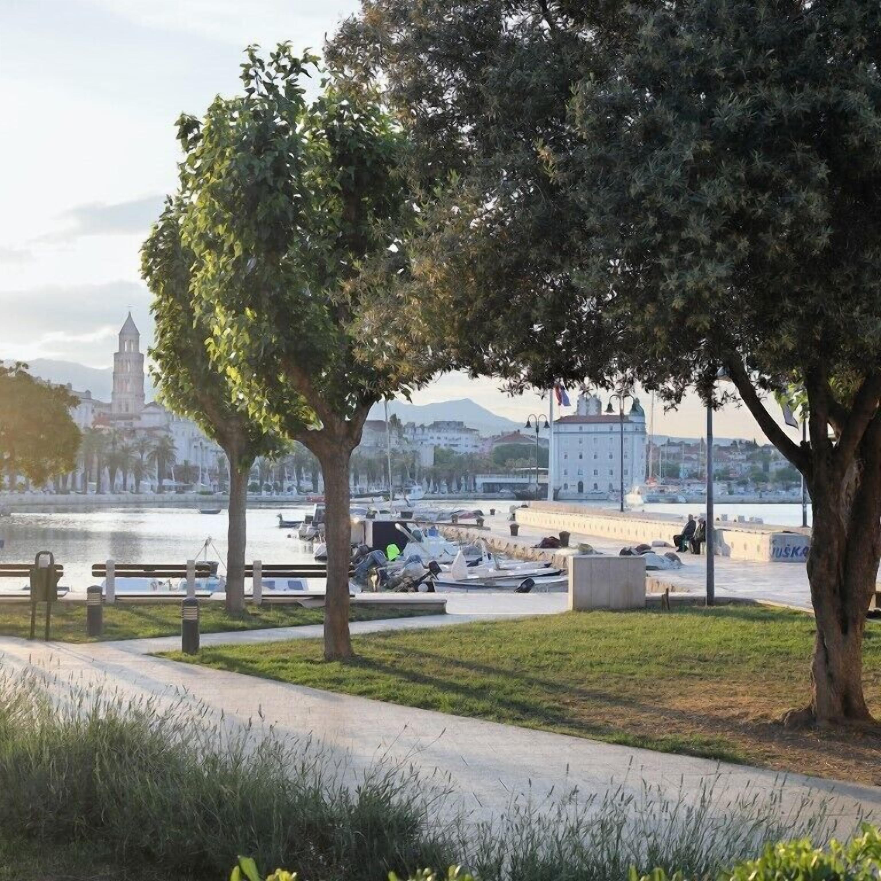 A waterfront park with trees, a pathway, and boats.