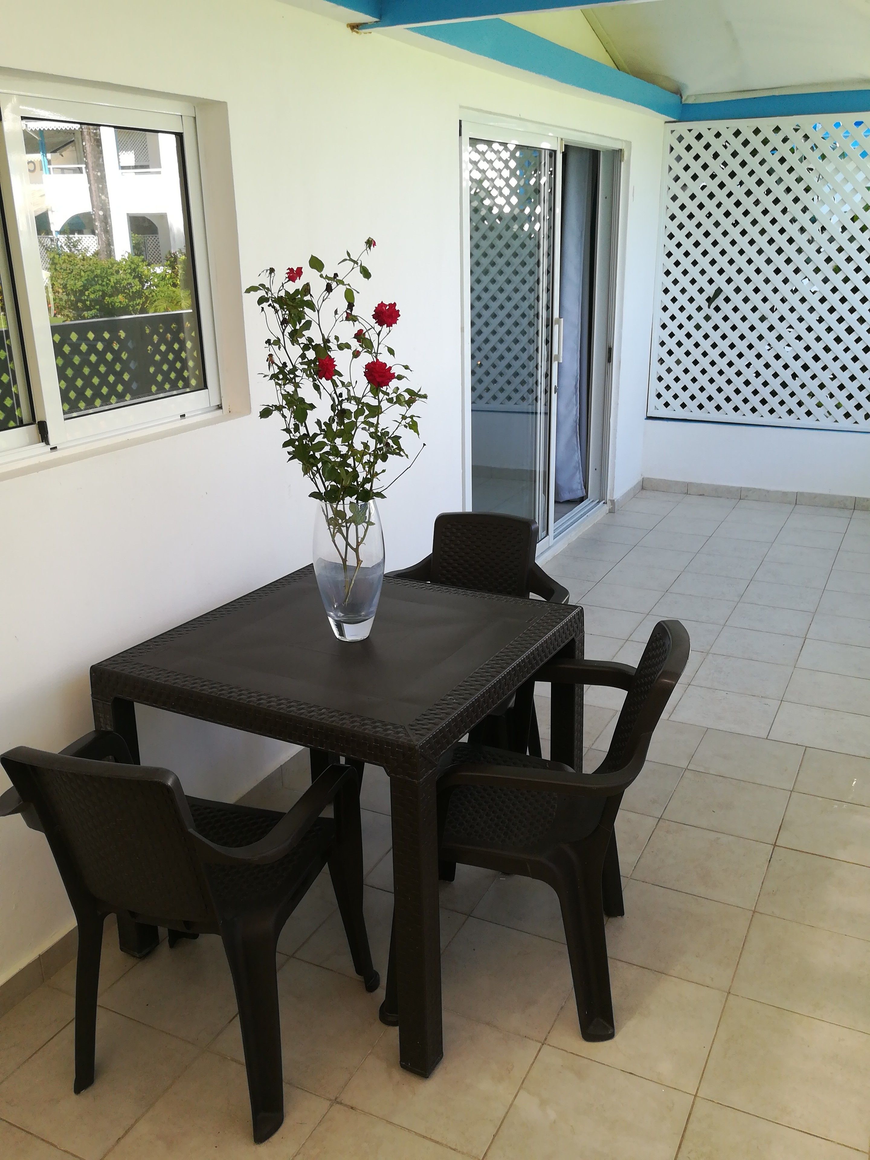 A patio area with a table and chairs, a vase with flowers, and a view of a building through a window.