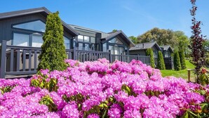 Un edificio moderno con ventanas amplias y un balcón, rodeado de un jardín con flores rosadas.