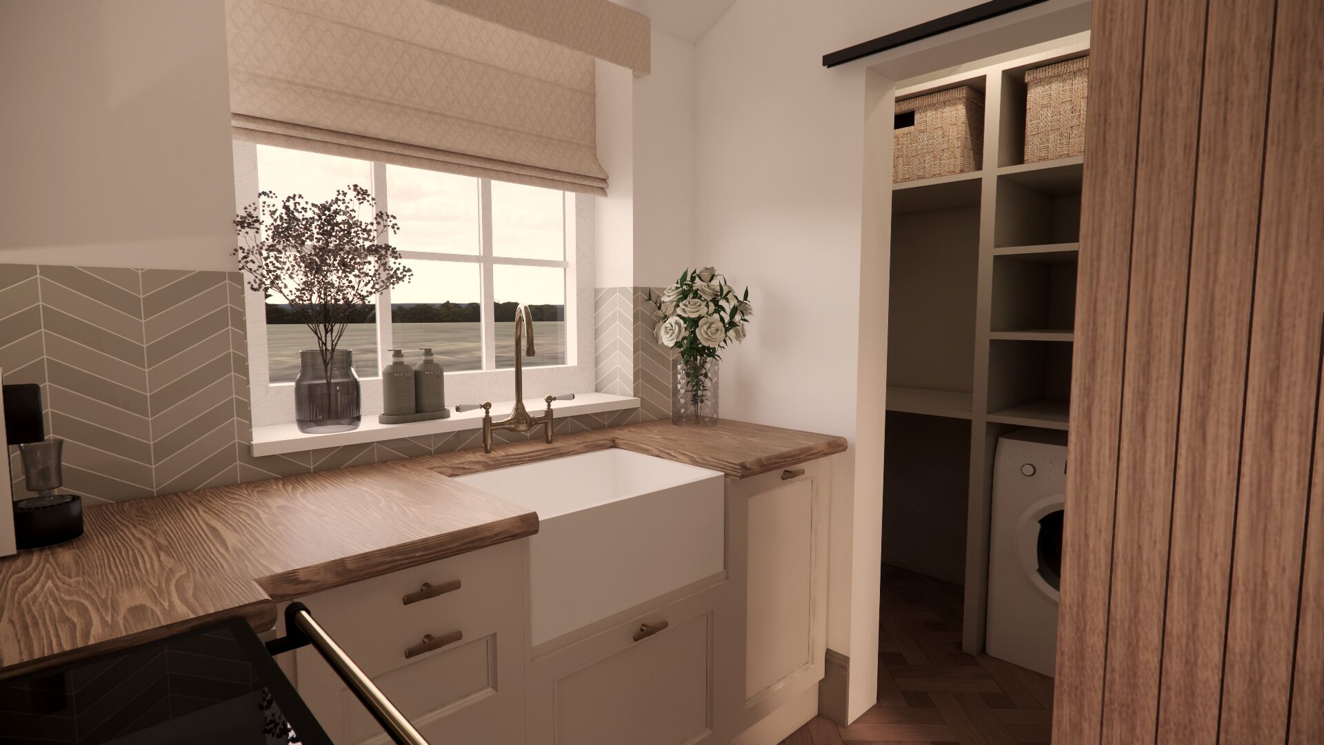 Una cocina con ventana, pileta, alacenas y lavadora integrada.
