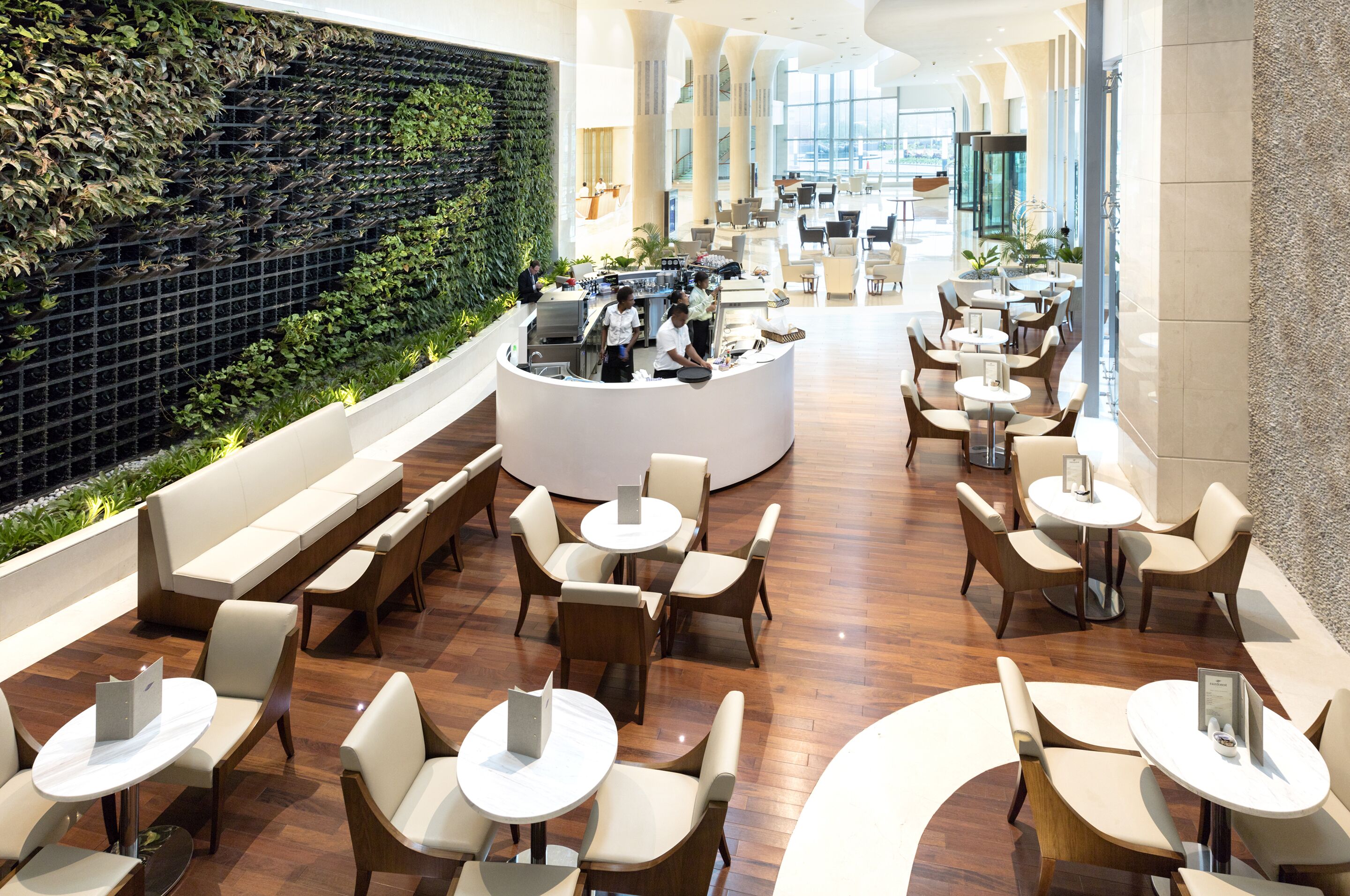 Un café moderno con interior luminoso, una pared verde, zona de estar y una barra con personal.