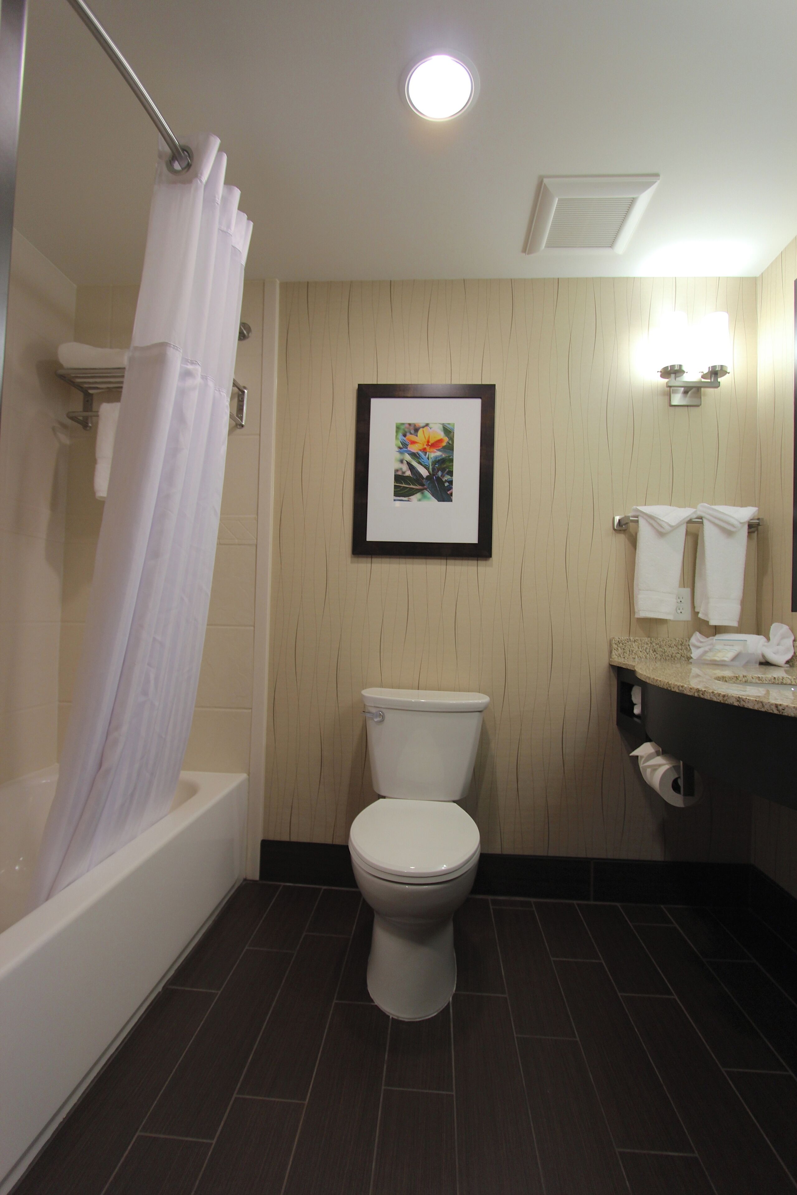 A bathroom with a bathtub, toilet, and a framed picture on the wall.