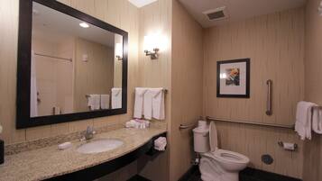 A bathroom with a sink, mirror, toilet, and handrail.