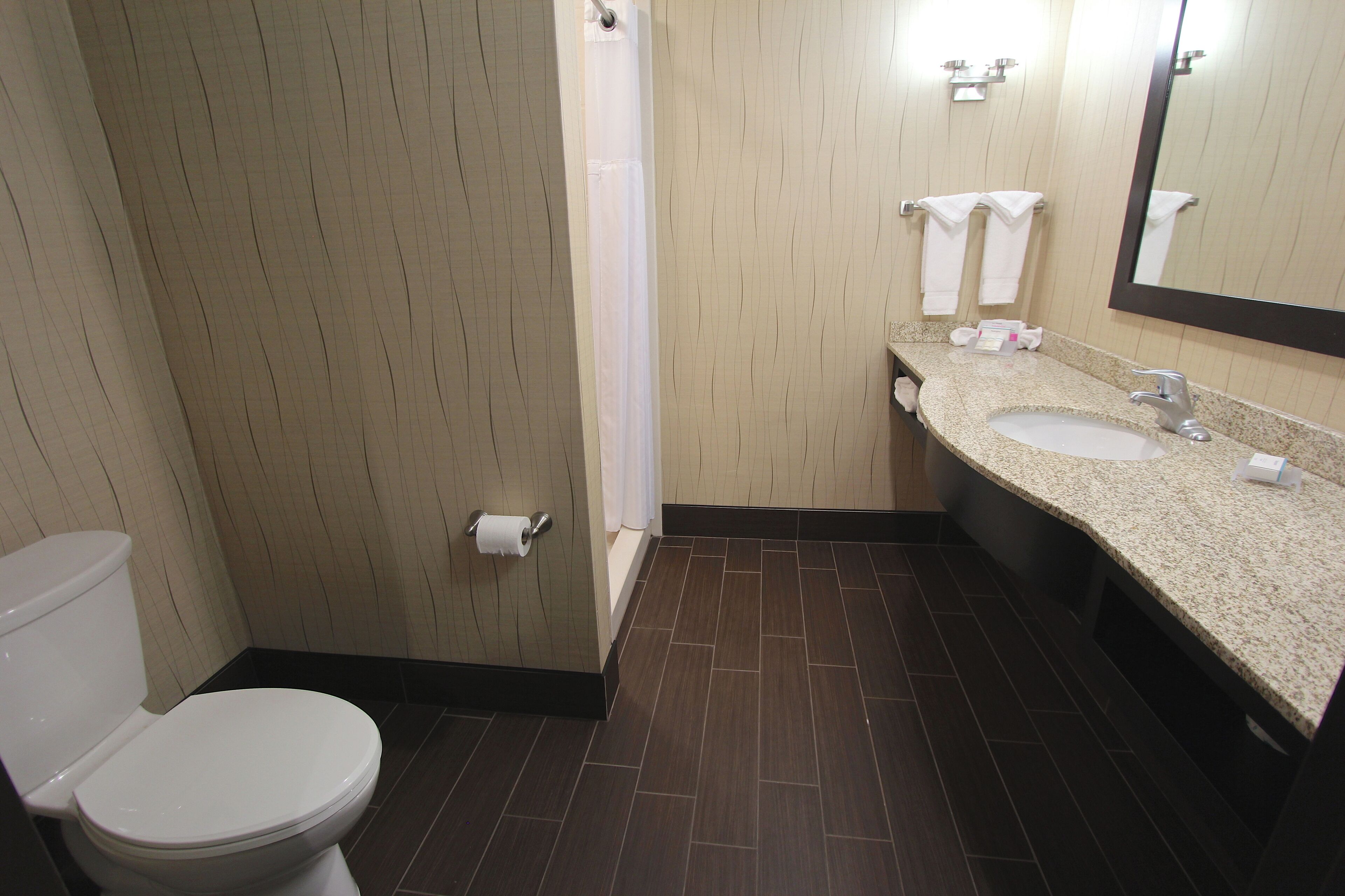 Un bagno con WC, lavandino, specchio e tenda per la doccia.