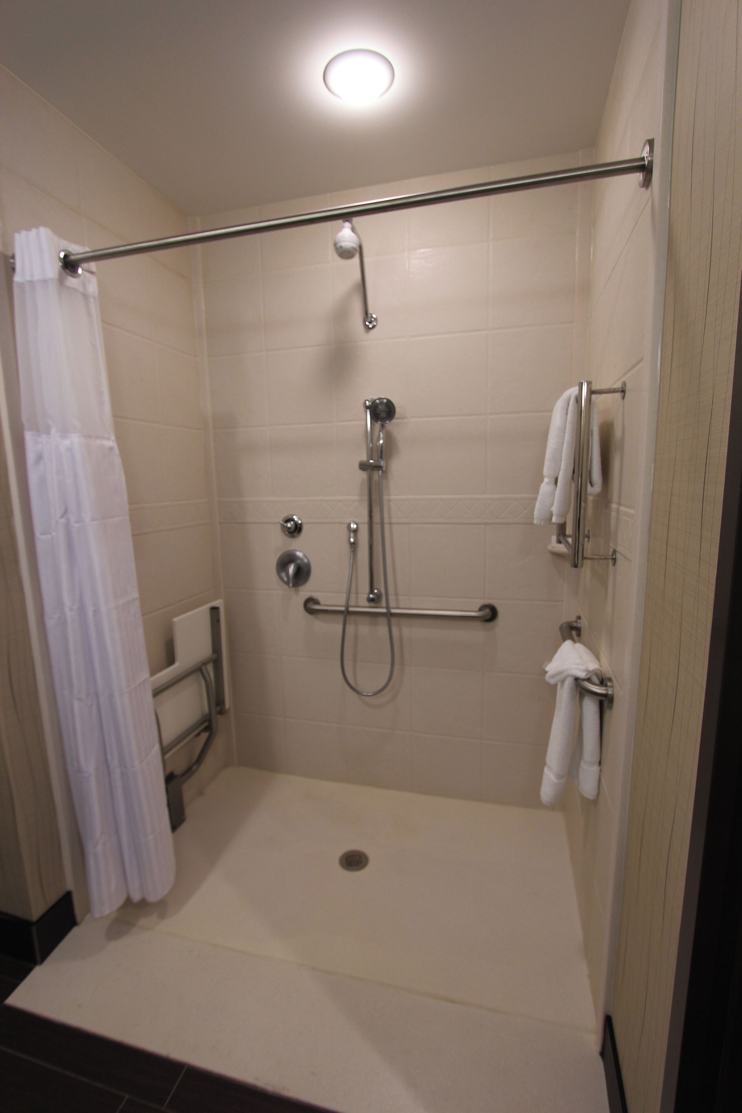 A walk-in shower with a grab bar, a showerhead, and a towel rack.