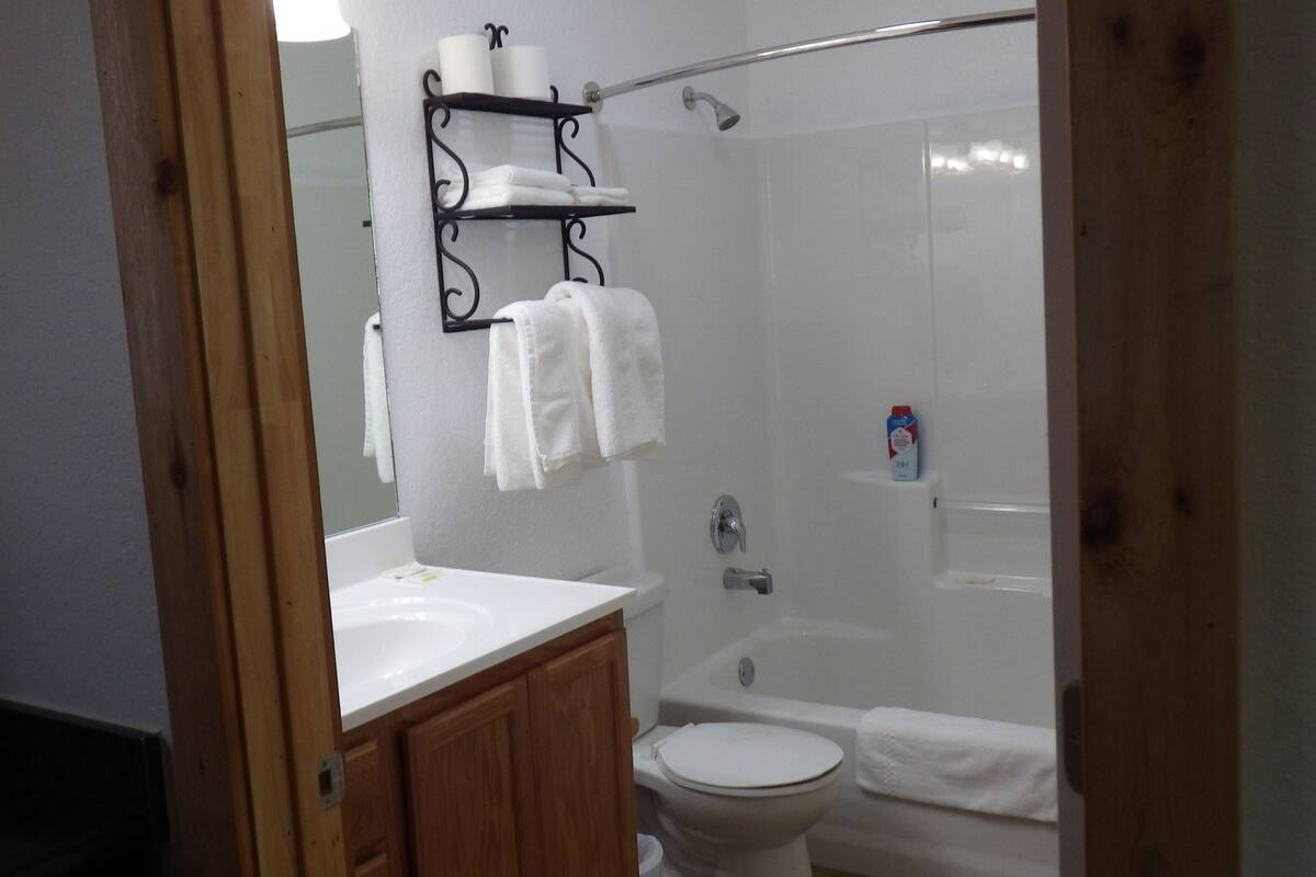 A bathroom with a white sink, a toilet, a shower, and a mirror. There are towels hanging on a rack and a bottle of shampoo on the shower wall.