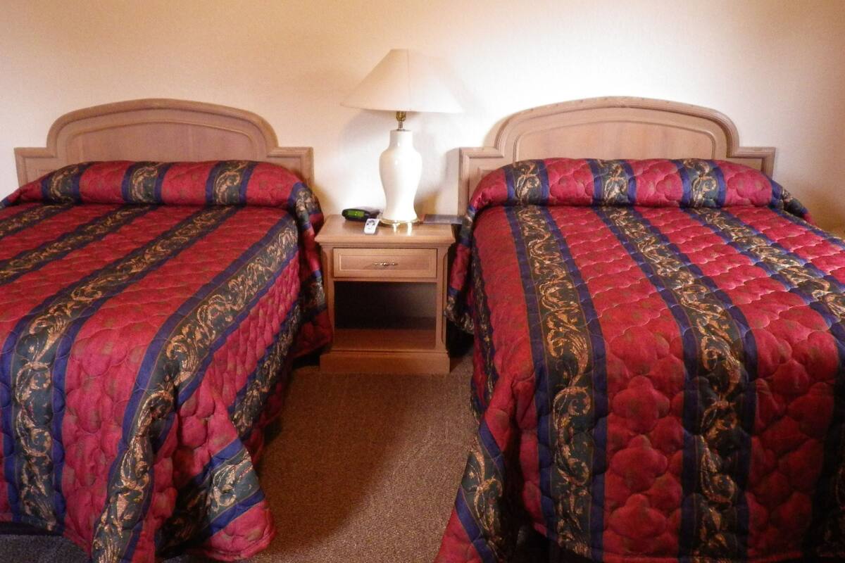 Two twin beds with matching red and blue patterned bedspreads, a bedside table with a lamp, and a nightstand between them.