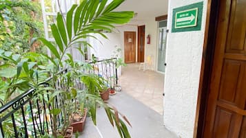 Entrada de un edificio con un letrero de salida de emergencia verde, plantas en macetas y una barandilla metálica.