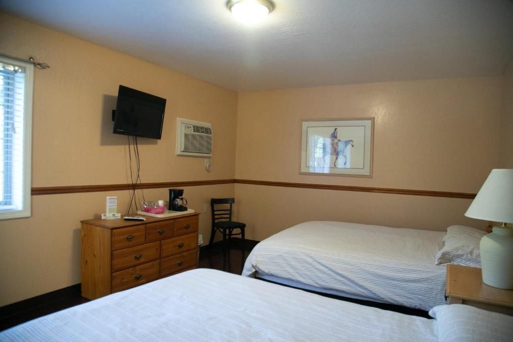 Une chambre d’hôtel avec deux lits, une commode, un téléviseur, un tableau encadré et une fenêtre.