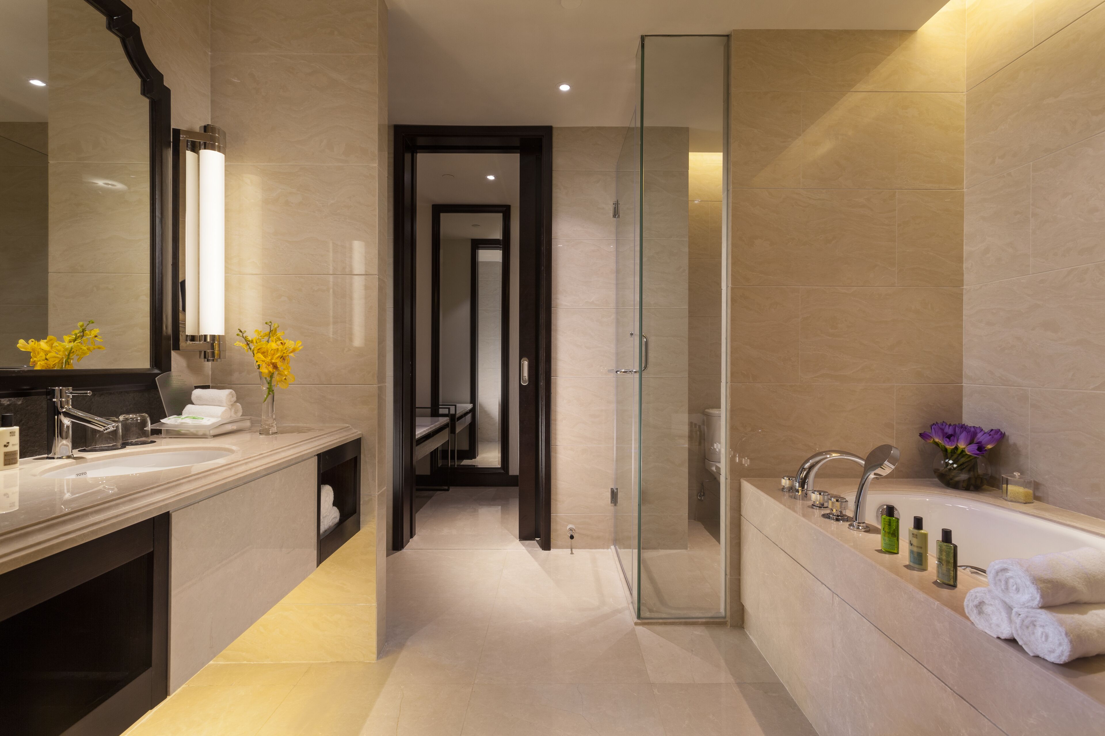 free toiletries, hair dryer, bathrobes, towels