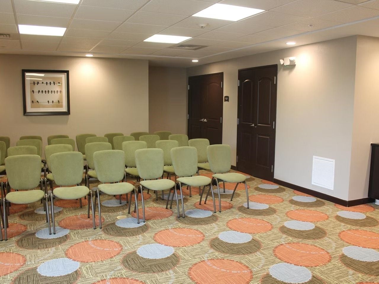Une salle de conférence avec des rangées de chaises, une moquette à motifs et un tableau encadré au mur.