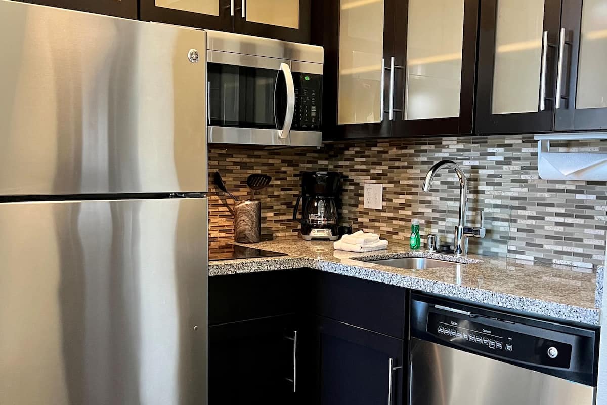 Lemari es besar, microwave, kompor, dan mesin pencuci piring