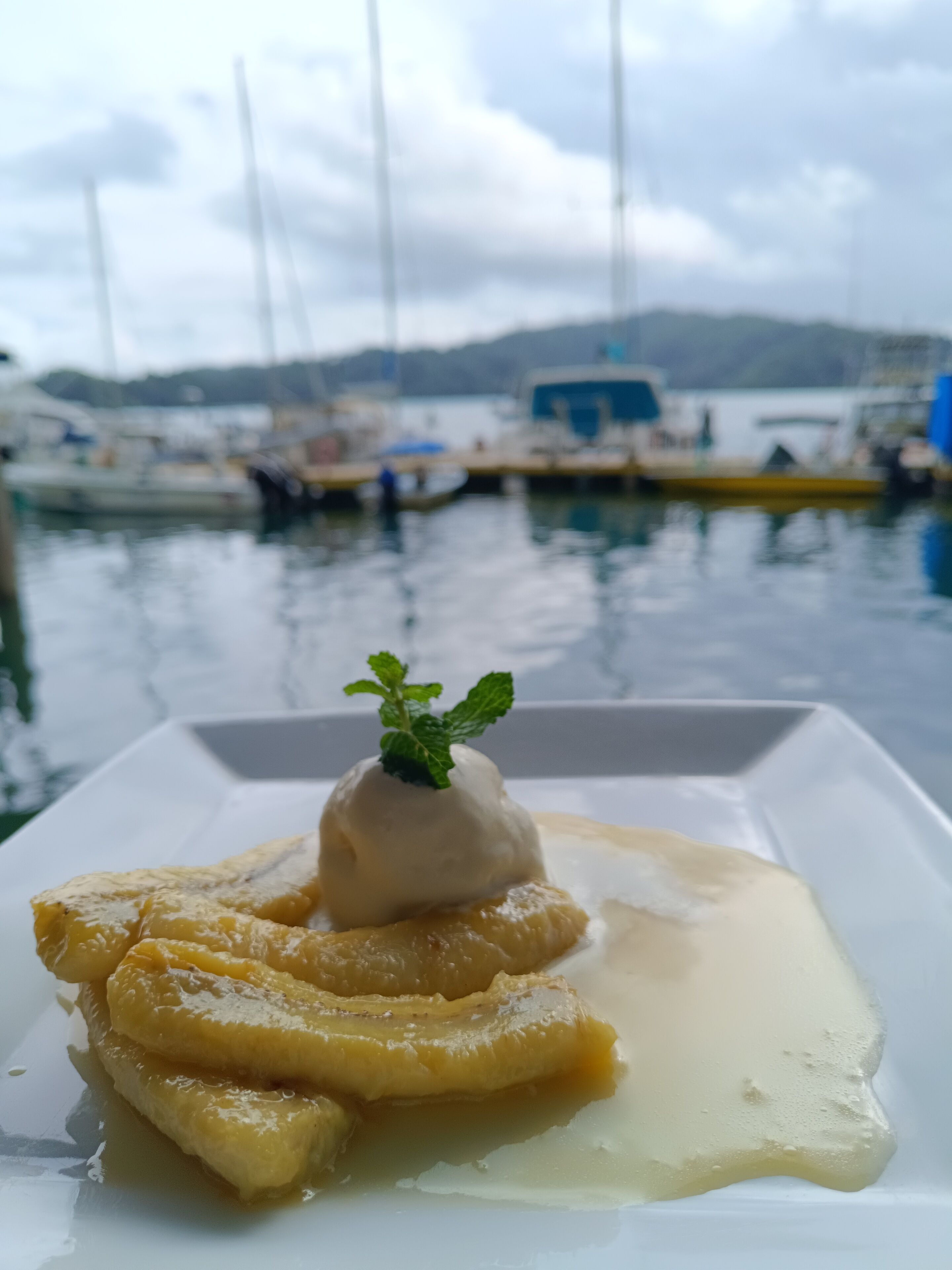 A dessert with a mint garnish on a white plate, with a marina and boats in the background.