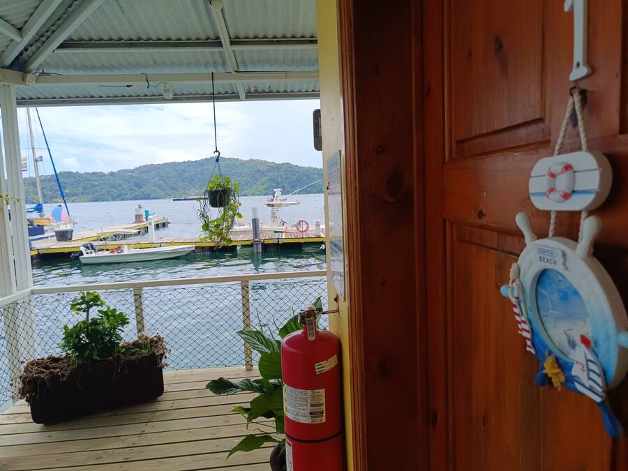 A wooden deck with potted plants, a fire extinguisher, and a view of boats on a lake.