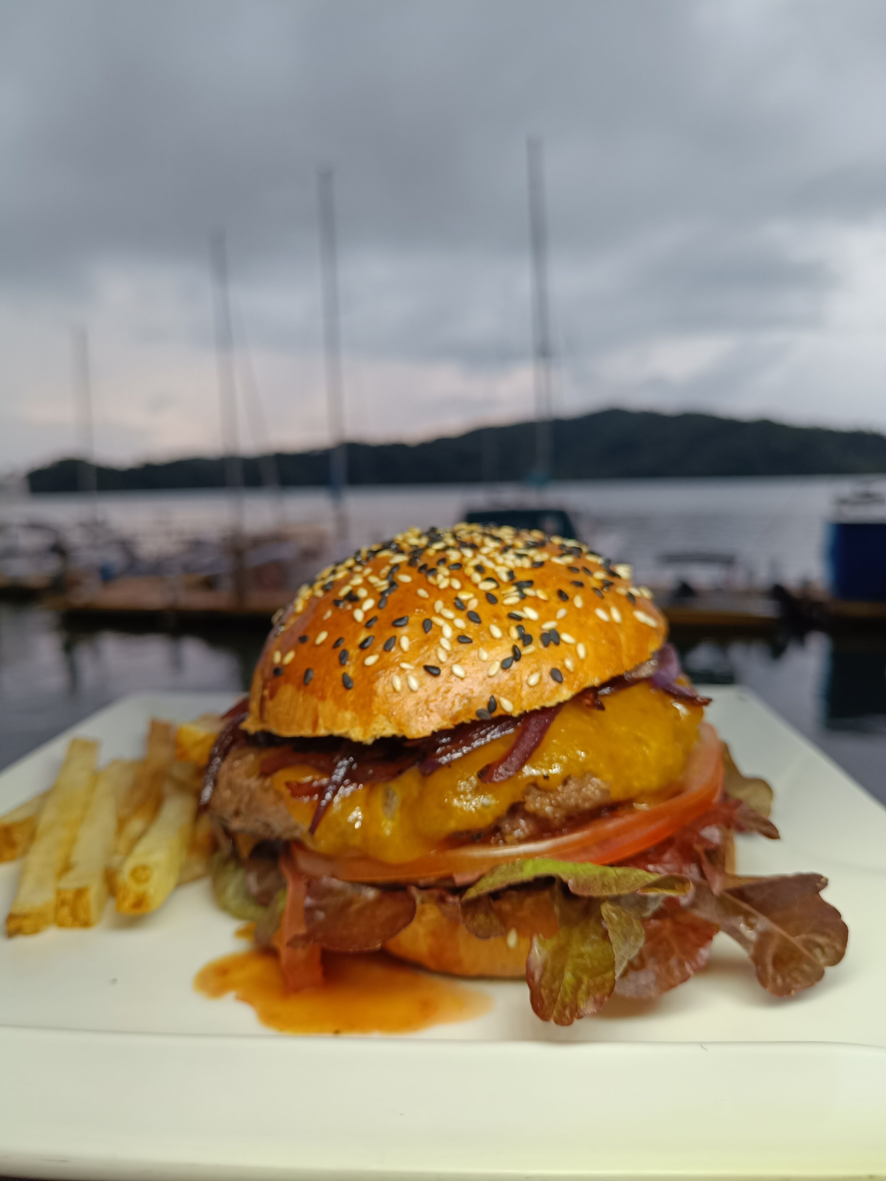 A burger with fries on a white plate, set against a backdrop of a marina with boats and a cloudy sky.