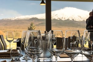 Una mesa dispuesta con copas de vino y una jarra de agua, con vistas a una cadena montañosa nevada.