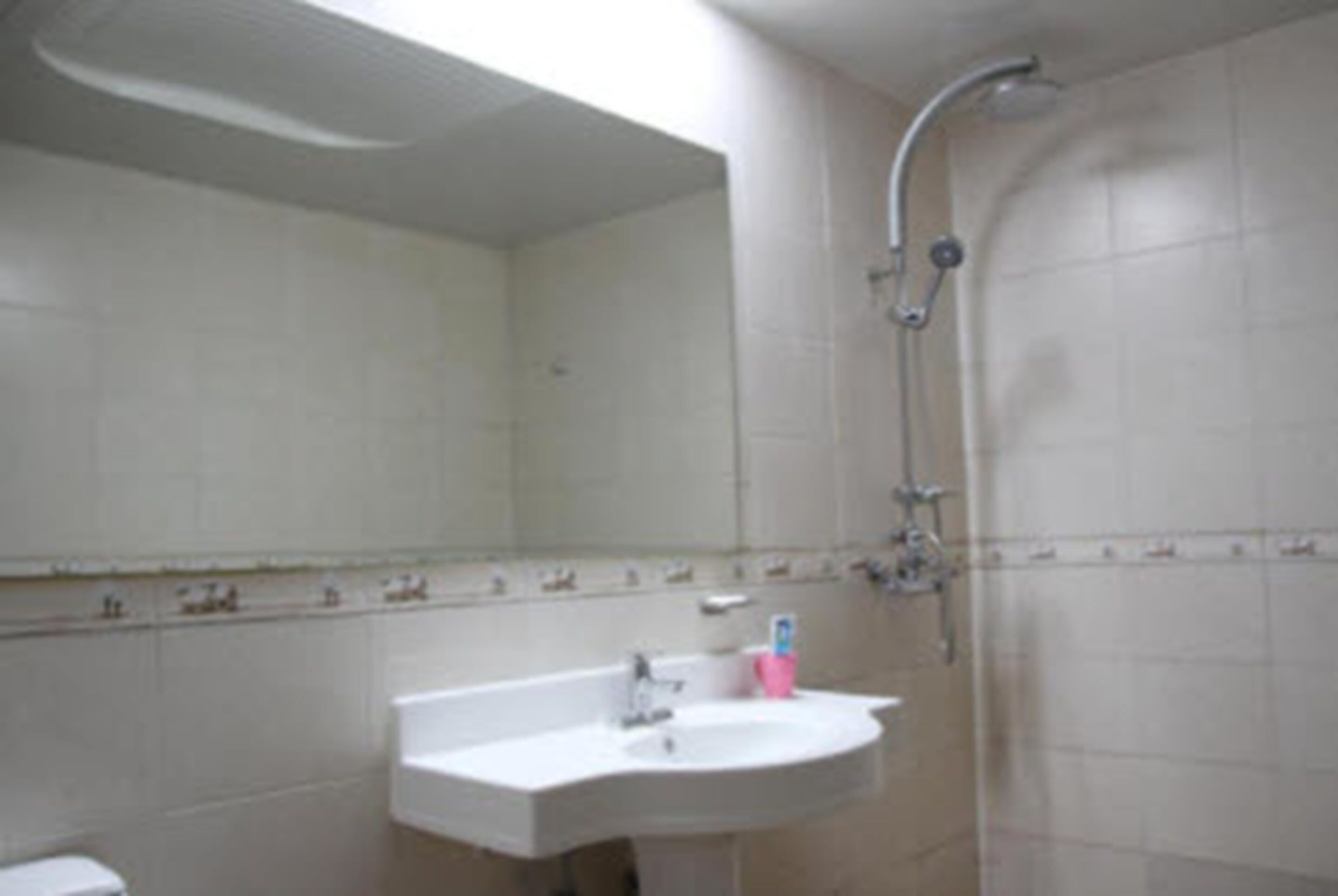 A bathroom with a white sink, a mirror, and a shower.